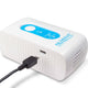 White with blue part CPAP machine cleaner in travel size with black plug in cable.