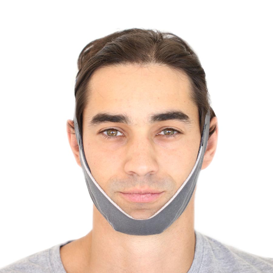 Front view of face wearing chin strap.
