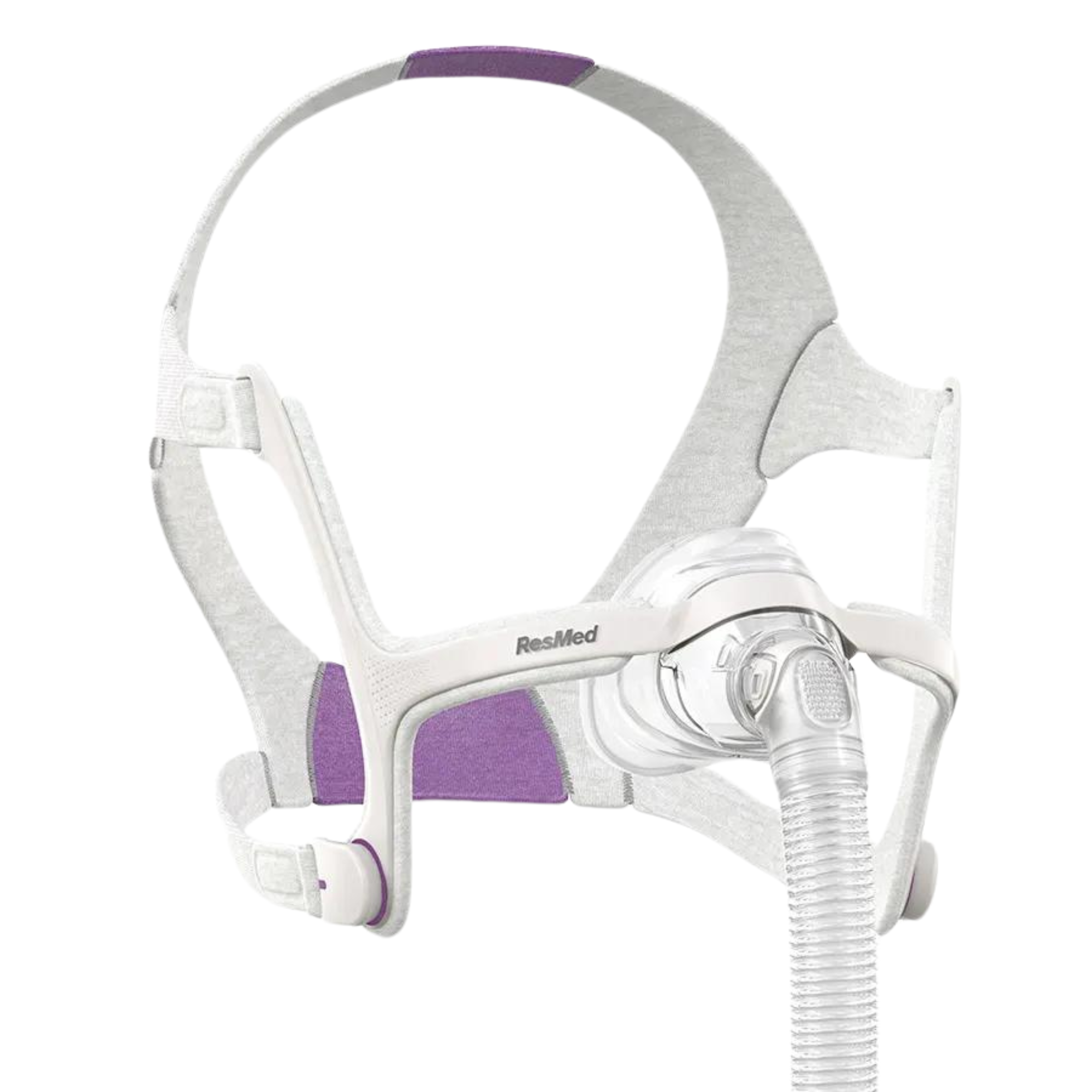 Side view of grey headgear and nasal mask frame with silicone cushion for the AirFit N20 Complete Mask System For Her.