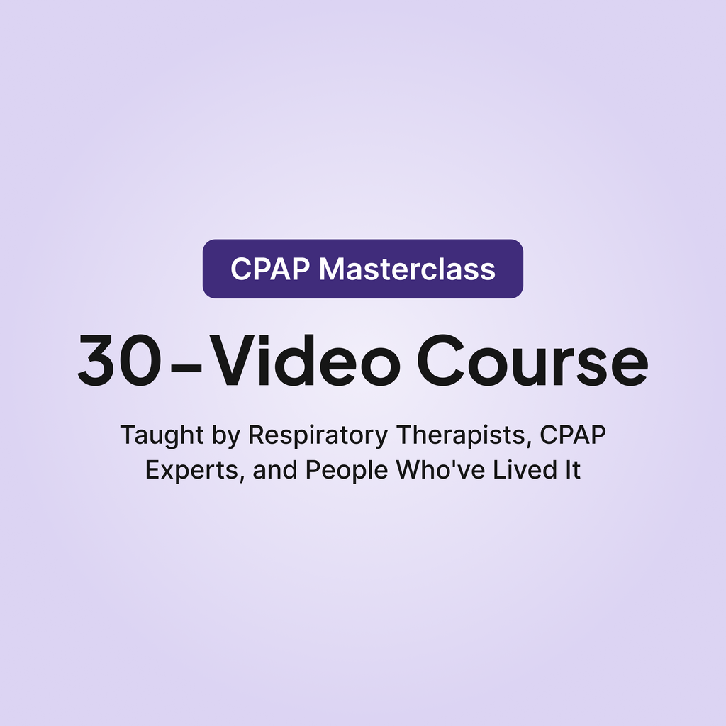 Promotional graphic for a CPAP Masterclass video course, featuring a purple rounded rectangle with white text reading 'CPAP Masterclass' above the large black text '30-Video Course' and smaller text below about being taught by respiratory therapists and CPAP experts.