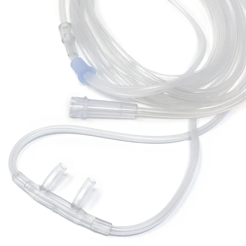 Nasal cannula set with 7-foot clear, crush-resistant tubing, providing freedom of movement and easy oxygen flow monitoring.
