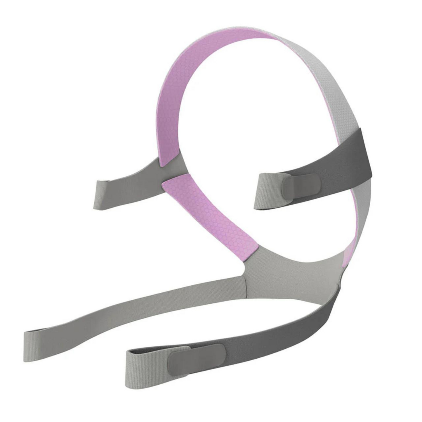 ResMed AirFit F10 standard grey headgear with pink accents.