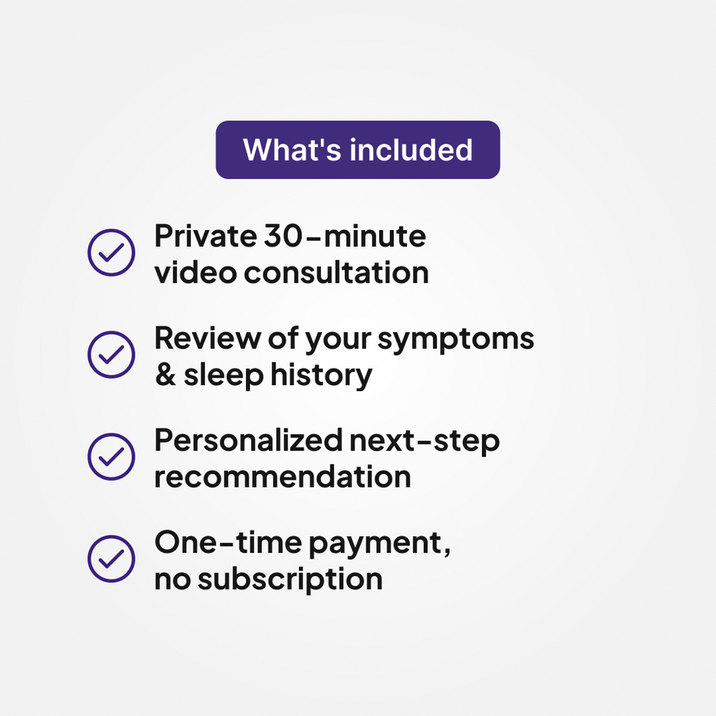 What's included in the Sleeplay Sleep Consult: private 30-minute video consultation, review of symptoms and sleep history, personalized next-step recommendation, one-time payment with no subscription