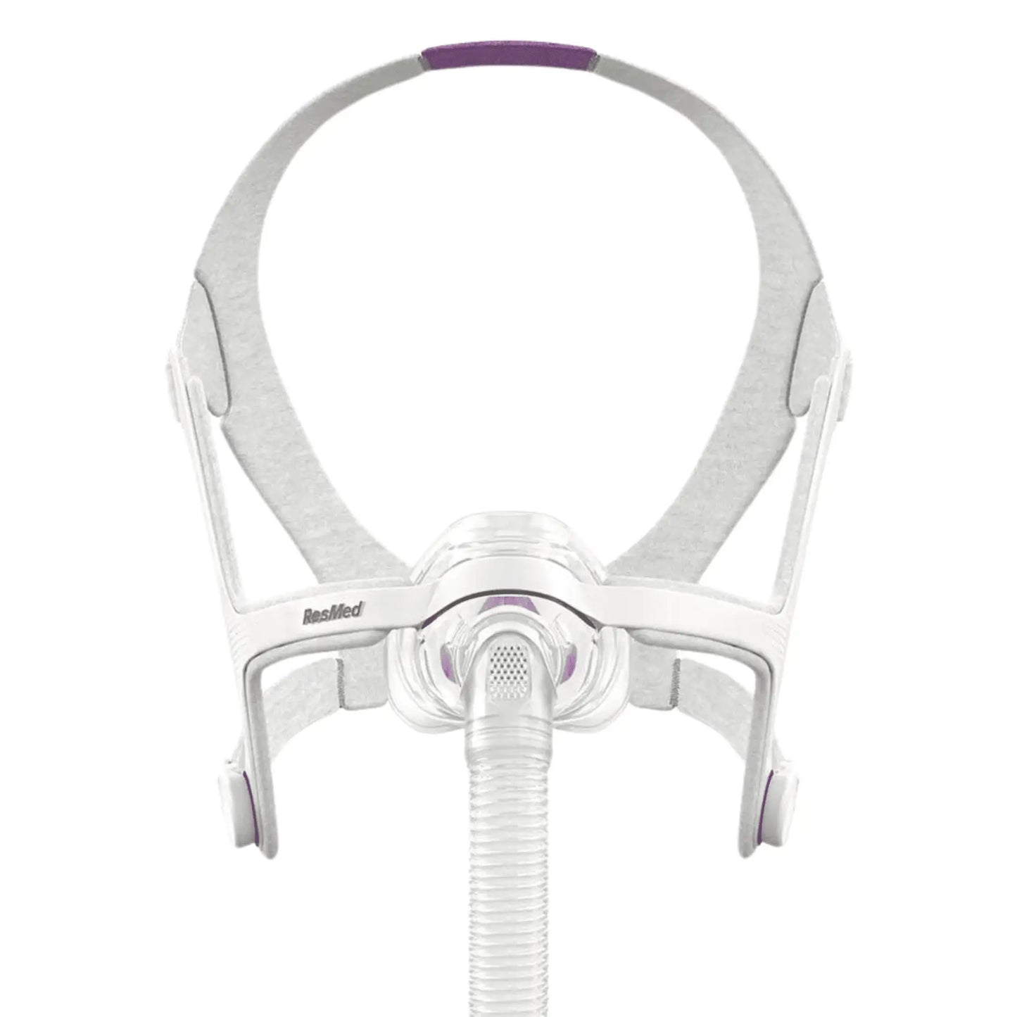 Front view of grey headgear and nasal mask frame with silicone cushion for the AirFit N20 Complete Mask System For Her.