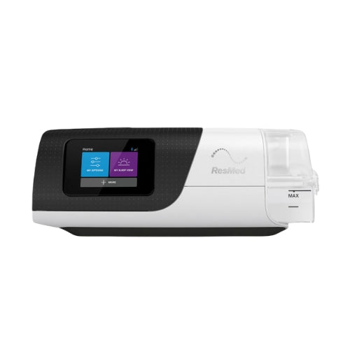Front view of ResMed AirSense 11 AutoSet CPAP machine with color touchscreen and water chamber