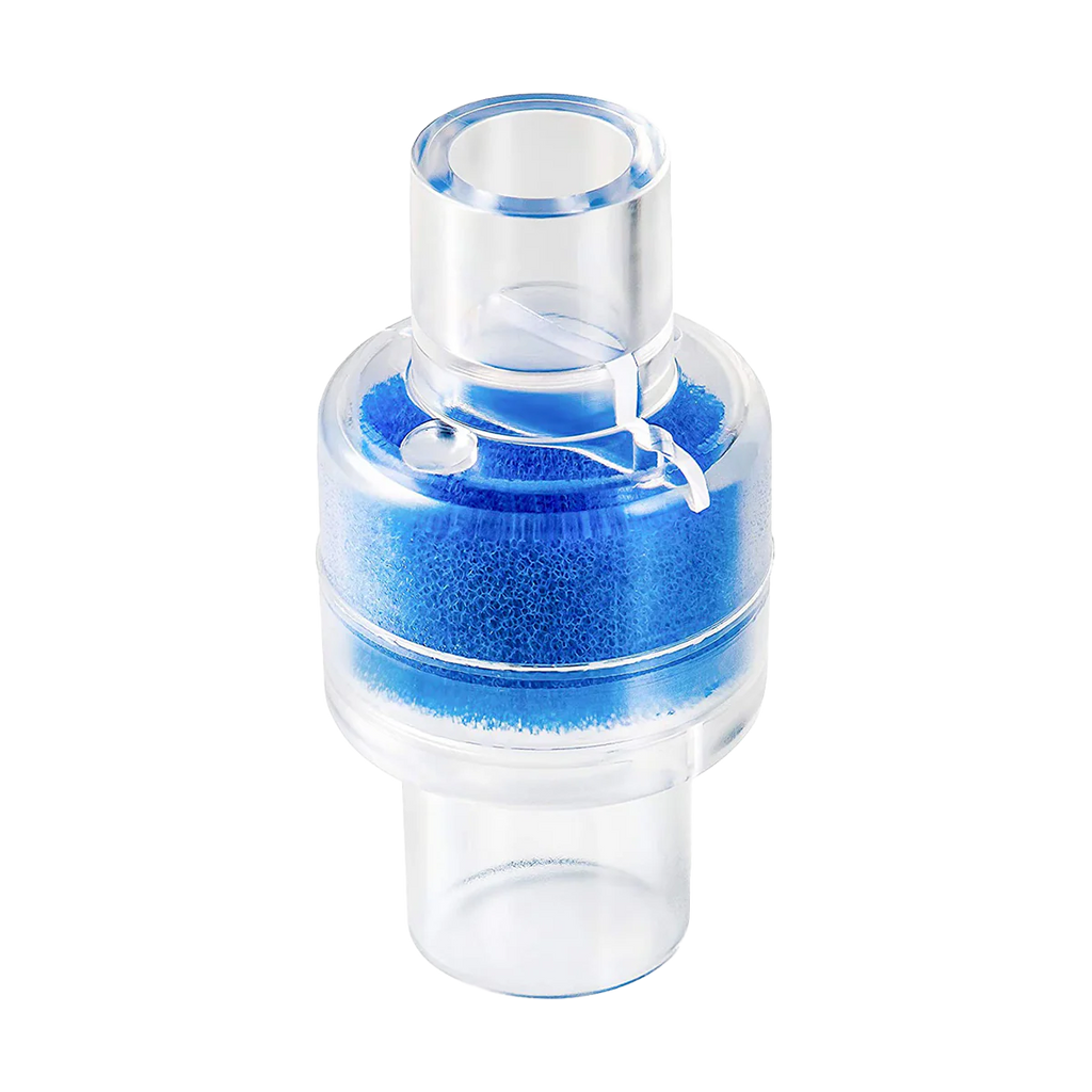 Breas Heat Moisture Exchanger HD60-2100, single unit with blue foam visible through clear housing, waterless CPAP humidification accessory