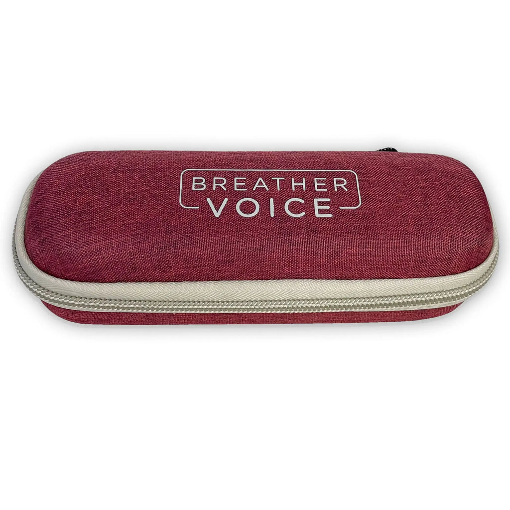 Closed Breather Voice carrying case in red fabric with white logo and beige zipper