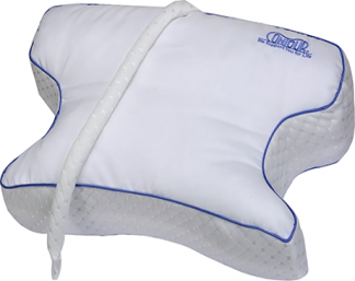CPAPMax 2.0 CPAP pillow in white with blue piping — contoured shape and hose tether for side sleepers with CPAP