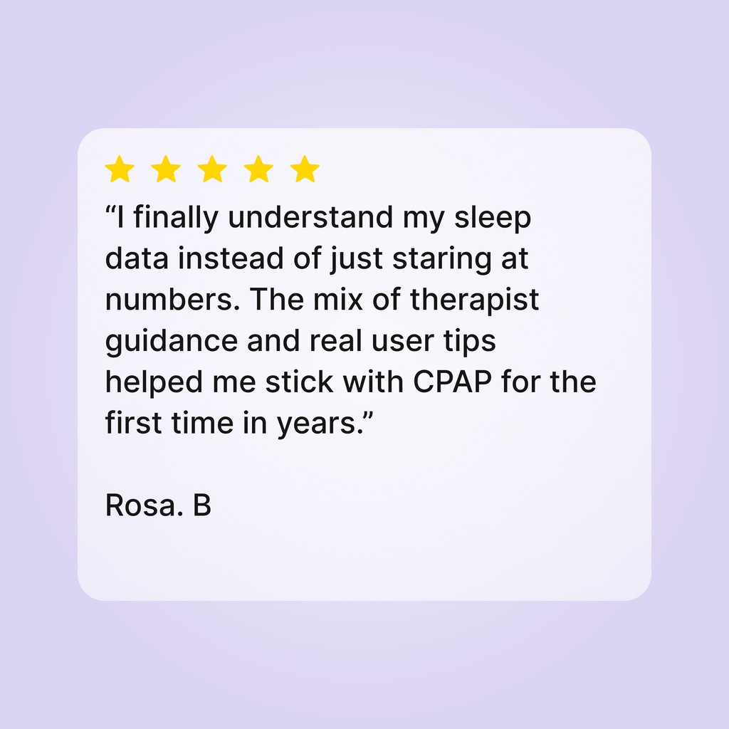 A testimonial review card on a light lavender background. The card is white with rounded corners and features a five-star rating at the top followed by a customer quote in black text, signed by Rosa.