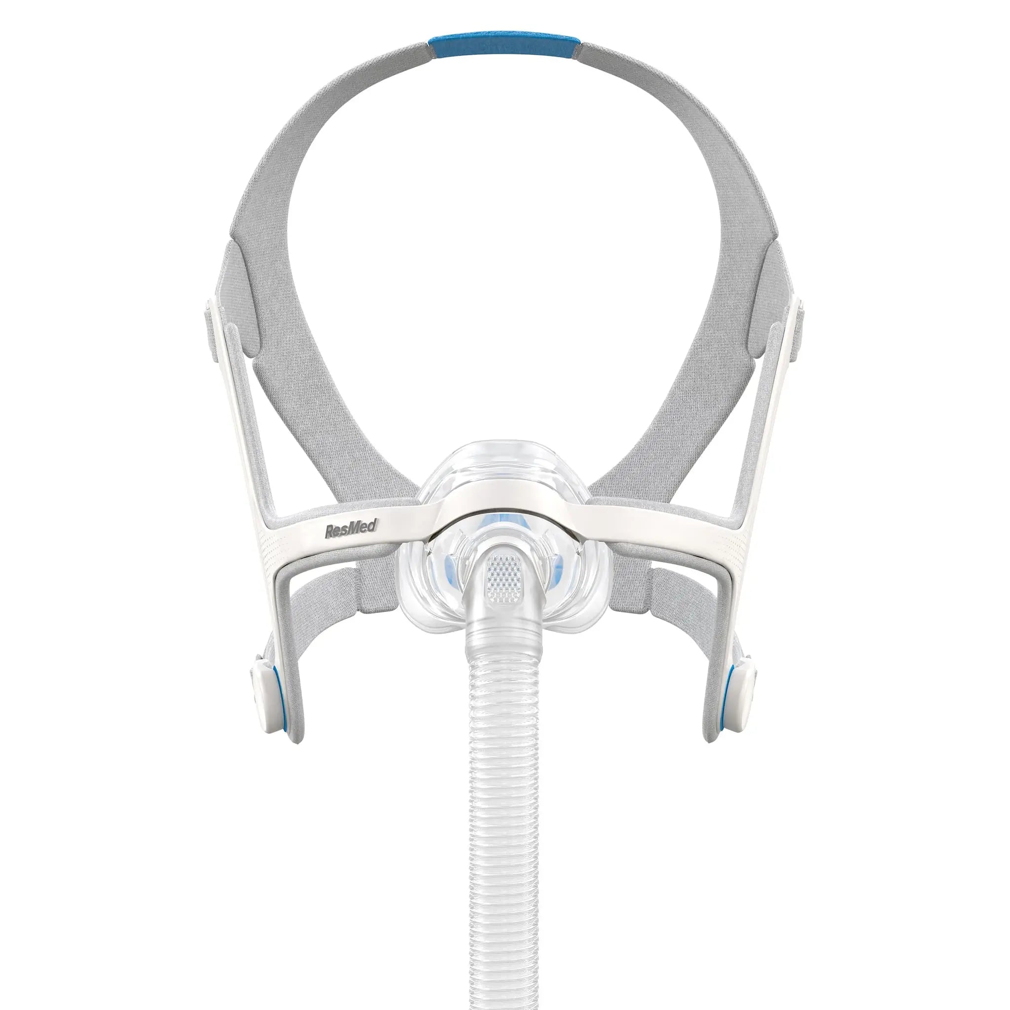 Front view of grey headgear and clear nasal mask system for Airfit N20 Complete Mask System