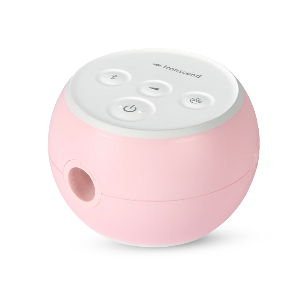 Transcend Micro 510 auto CPAP travel machine in petal pink, angled view showing top buttons and side port
