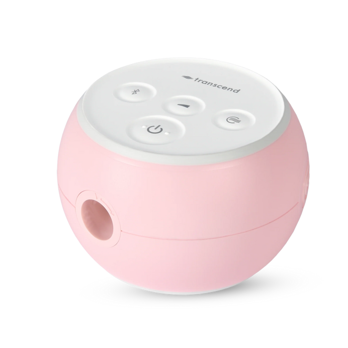 Transcend Micro 510 auto CPAP travel machine in petal pink, angled view showing top buttons and side port