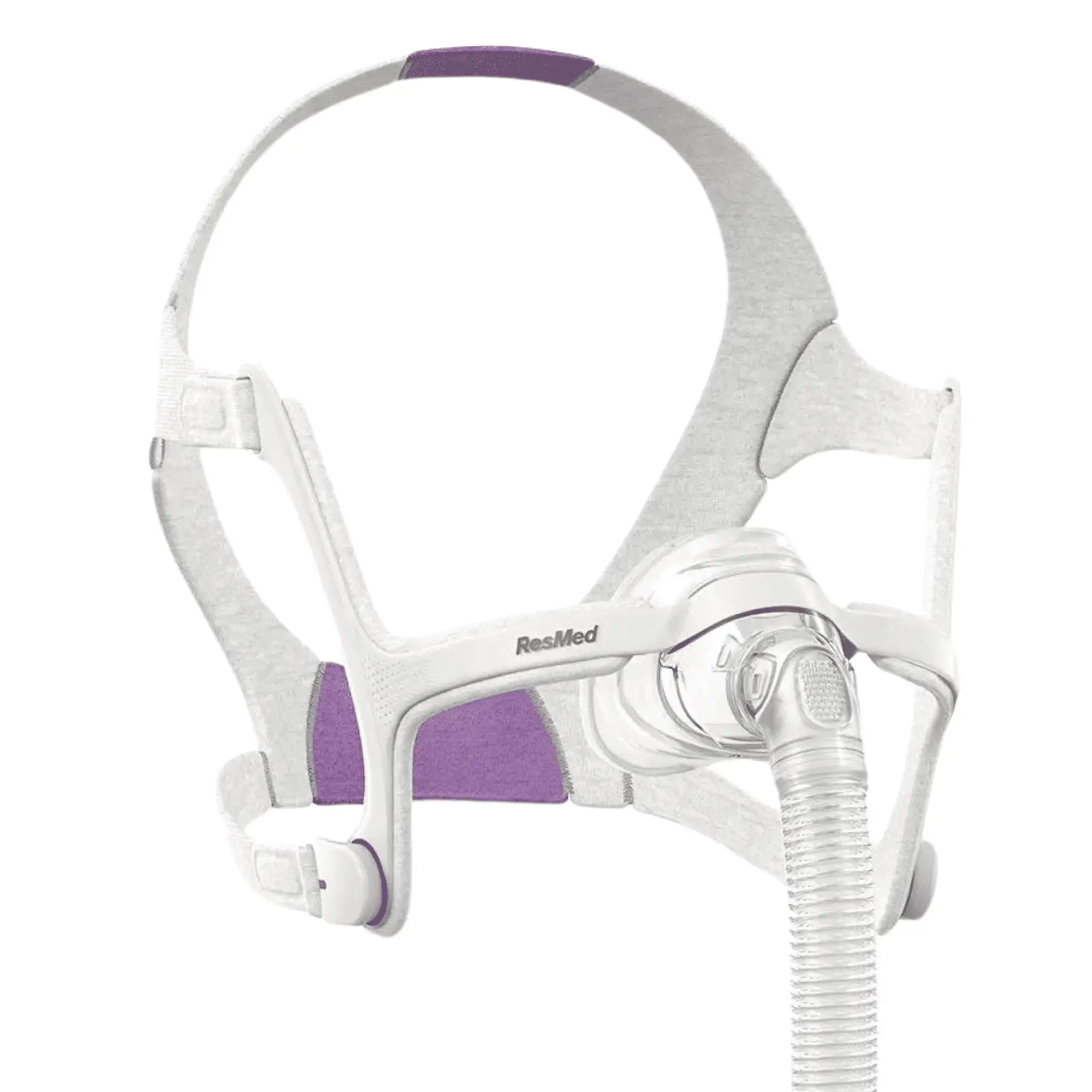 Side view of grey headgear and nasal mask frame with silicone cushion for the AirFit N20 Complete Mask System For Her.