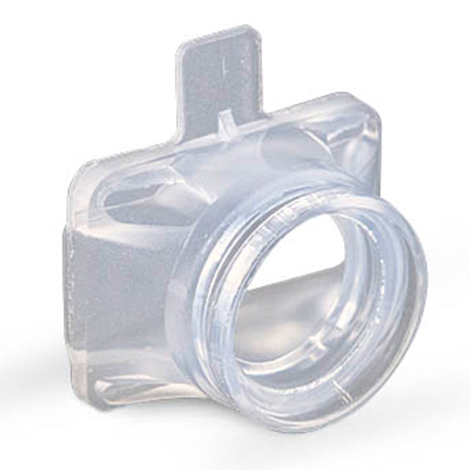 Fisher and Paykel SleepStyle Outlet Seal, clear silicone connector ring shown close up with alignment tab