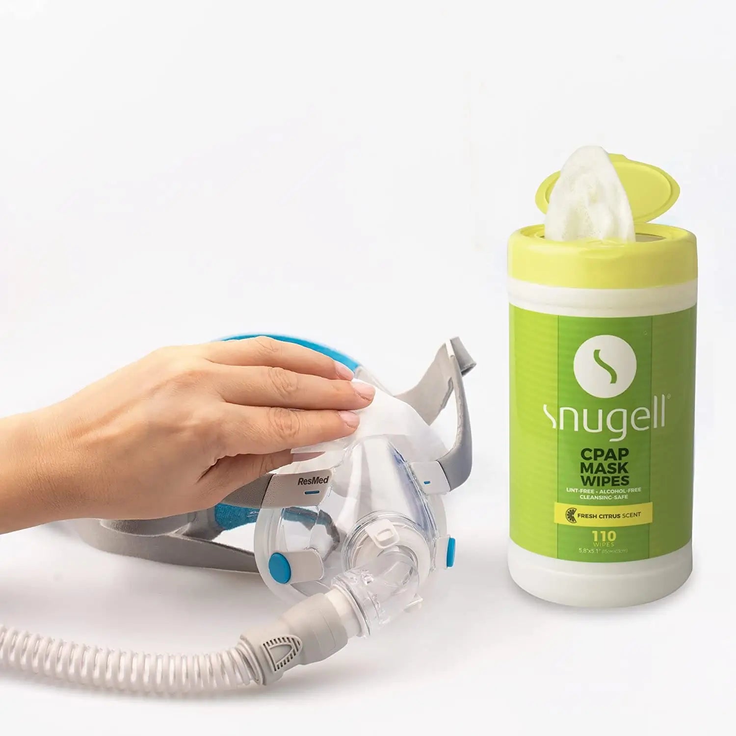 Front view of Snugell CPAP Mask Wipes while cleaning mask.