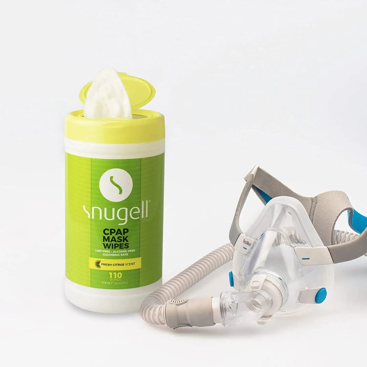 Snugell CPAP Mask Wipes next to mask.