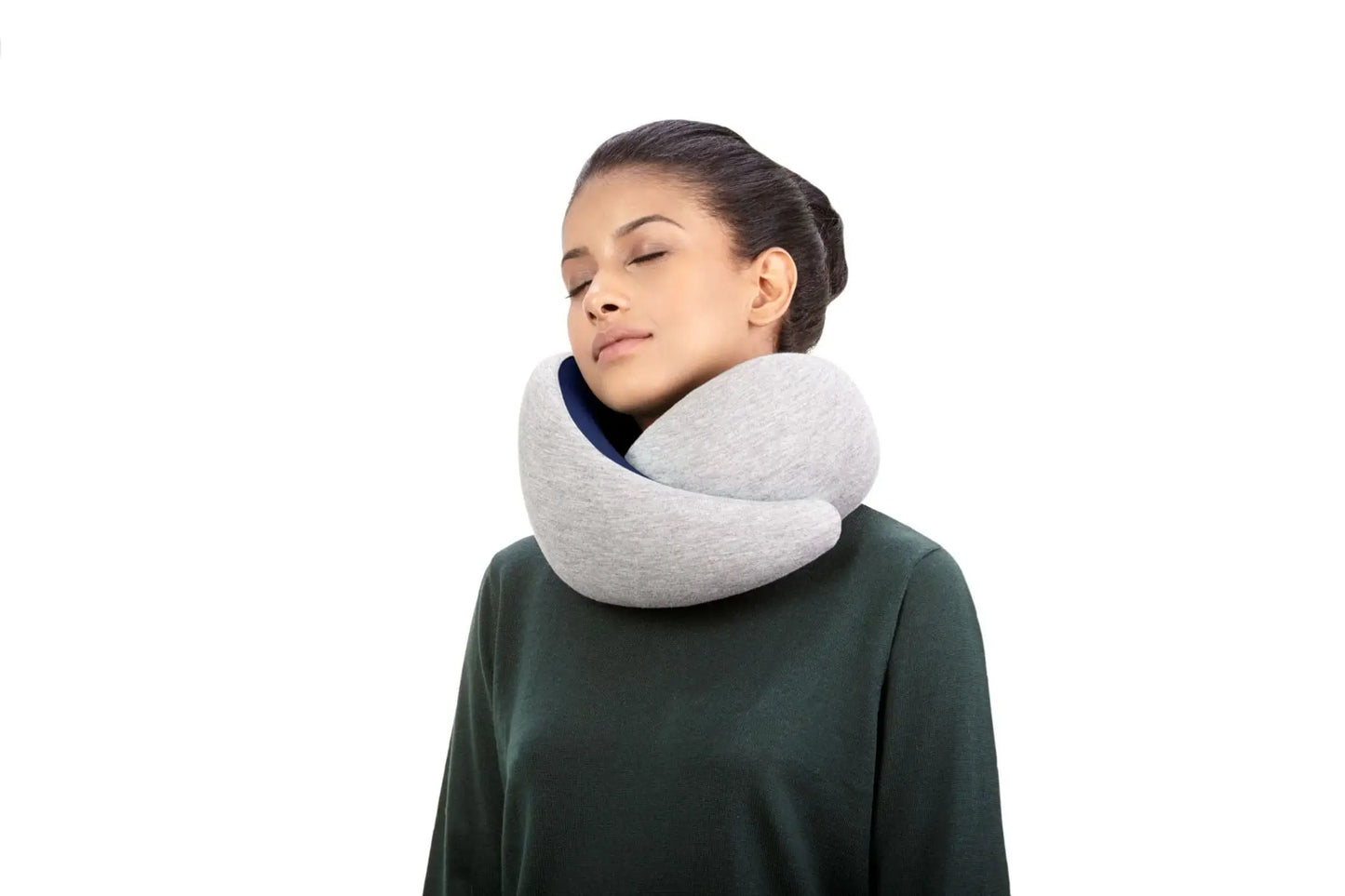 Woman Wearing Neck Pillow Deep Blue.