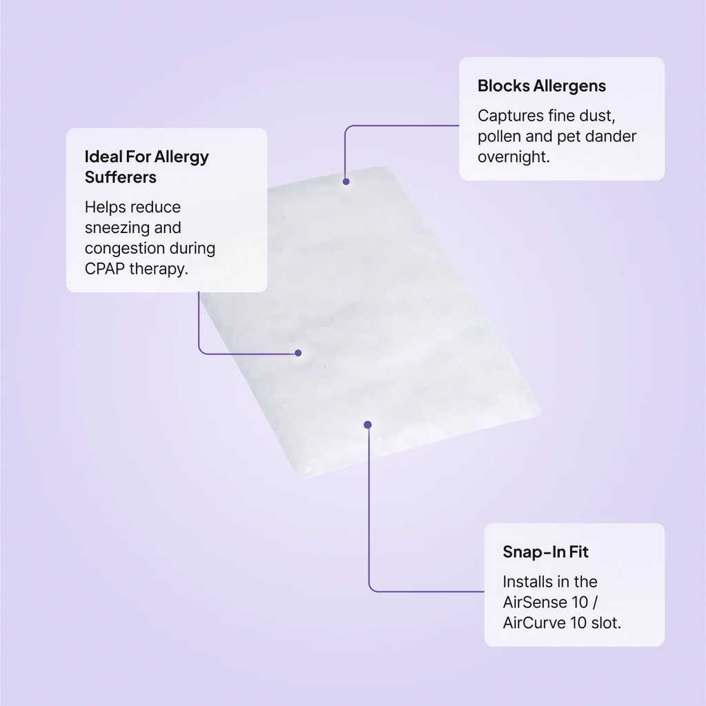 Hypoallergenic CPAP filters for AirSense 10 and AirCurve 10: ideal for allergy sufferers, blocks pollen and pet dander, snap-in fit.