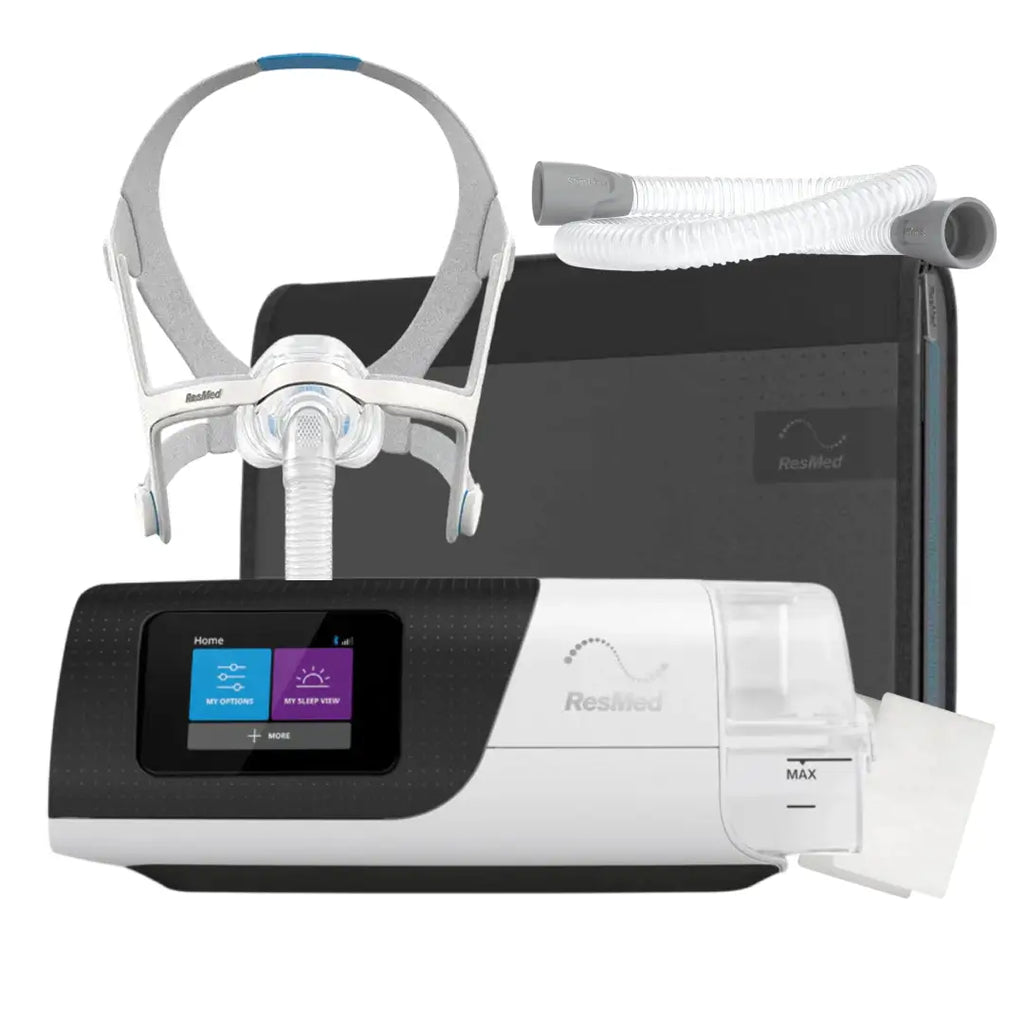 ResMed AirSense 11 AutoSet CPAP machine bundle with AirFit N20 nasal mask, tubing, and travel case