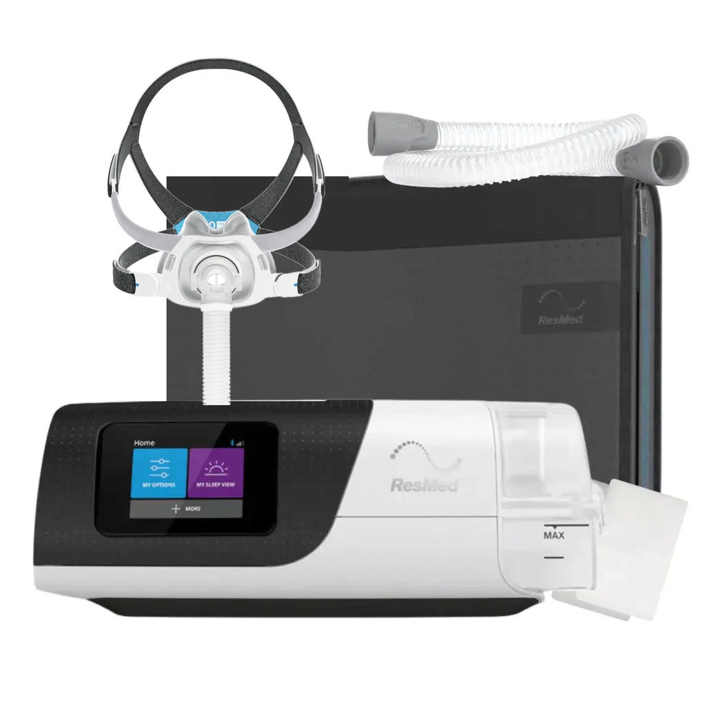 ResMed AirSense 11 AutoSet bundle with AirTouch F40 full face mask, SlimLine tubing, travel bag and filters