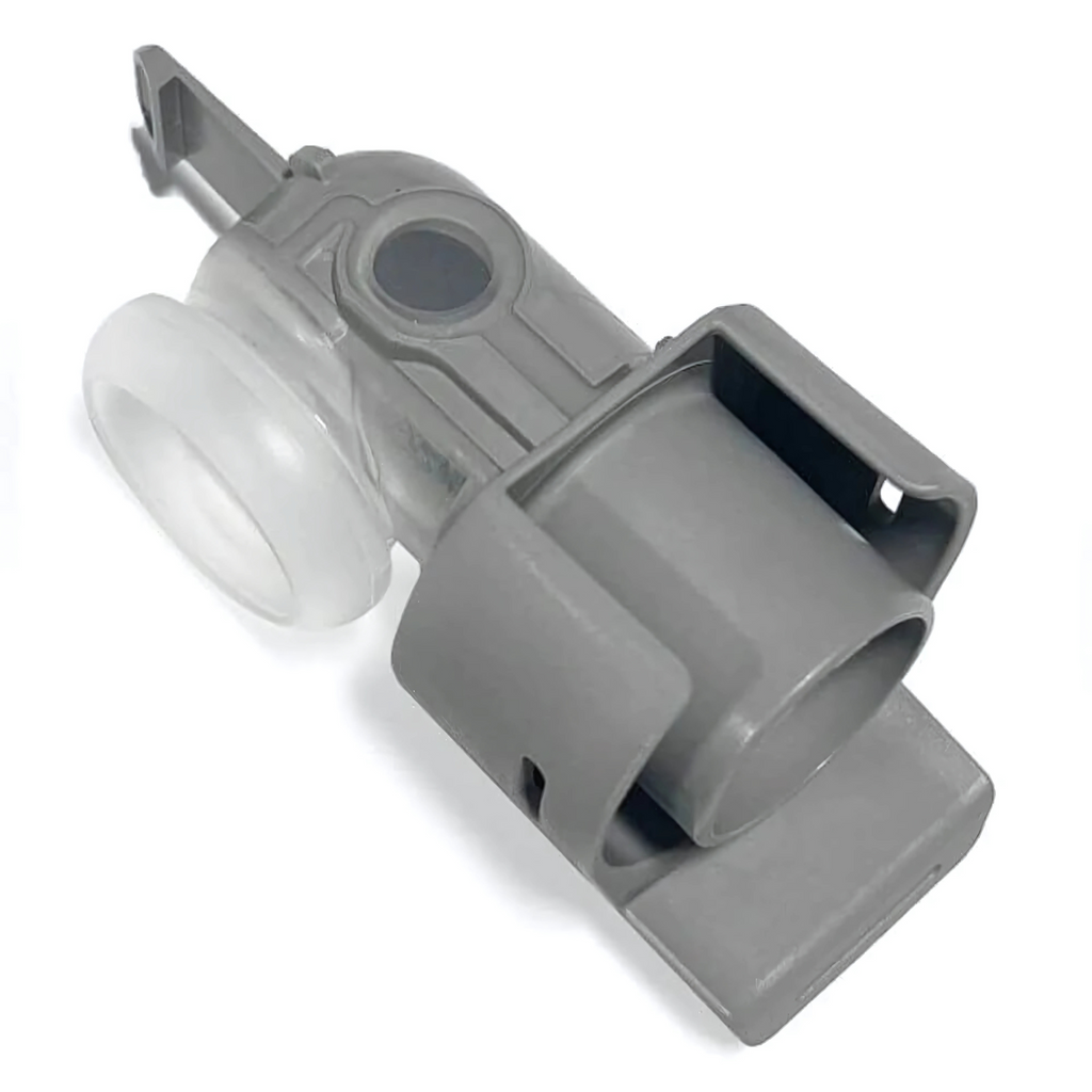AirSense and AirCurve 11 air outlet connector, angled view showing clear seal ring and clip