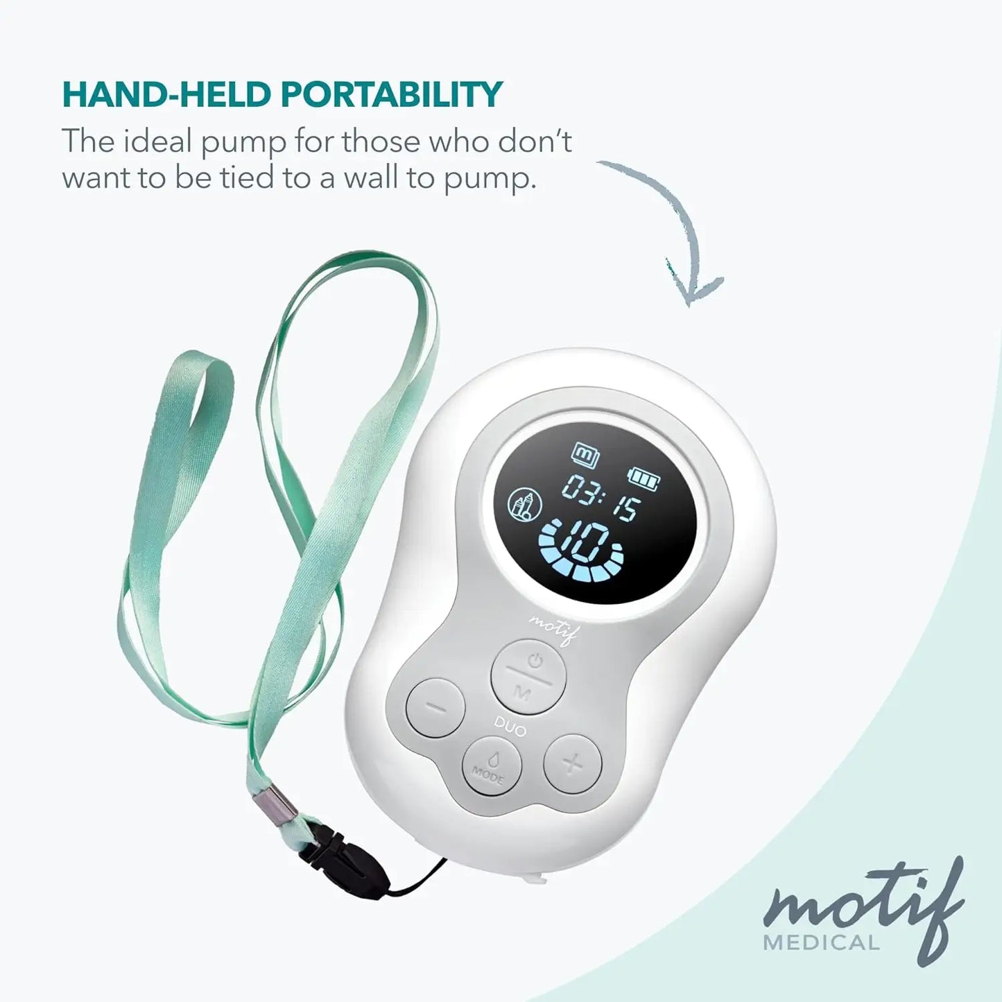 Compact Motif Duo breast pump with a powerful rechargeable battery, allowing over 2.5 hours of pumping anywhere."