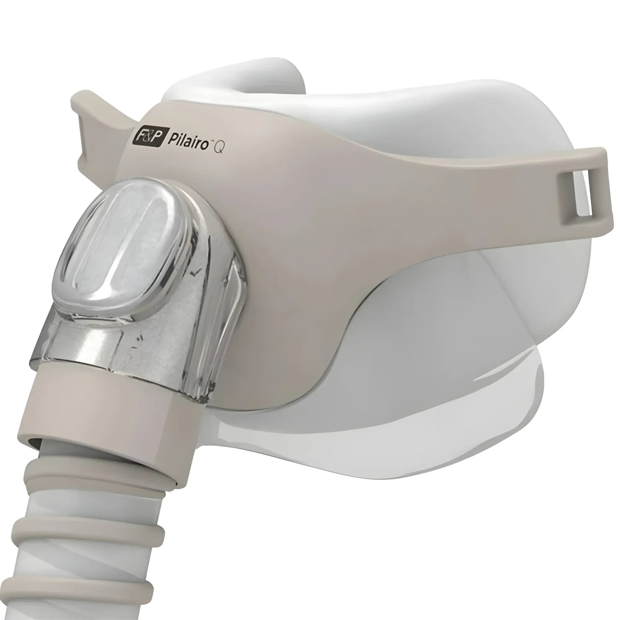 F&P Pilairo Q mask replacement frame close up, side angle showing clear elbow and tube connection