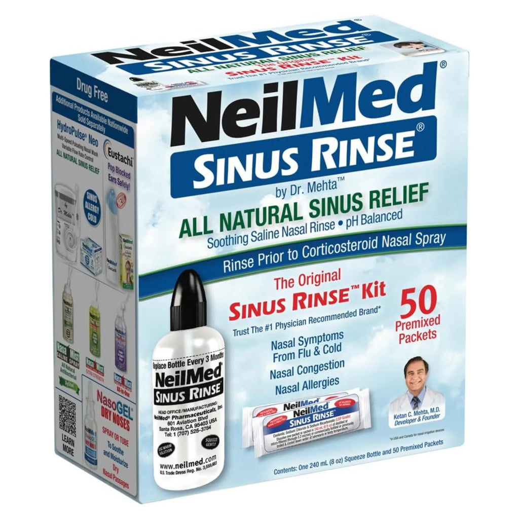 NeilMed Complete Sinus Nasal Rinse Kit retail box — includes squeeze bottle and saline packets for nasal irrigation