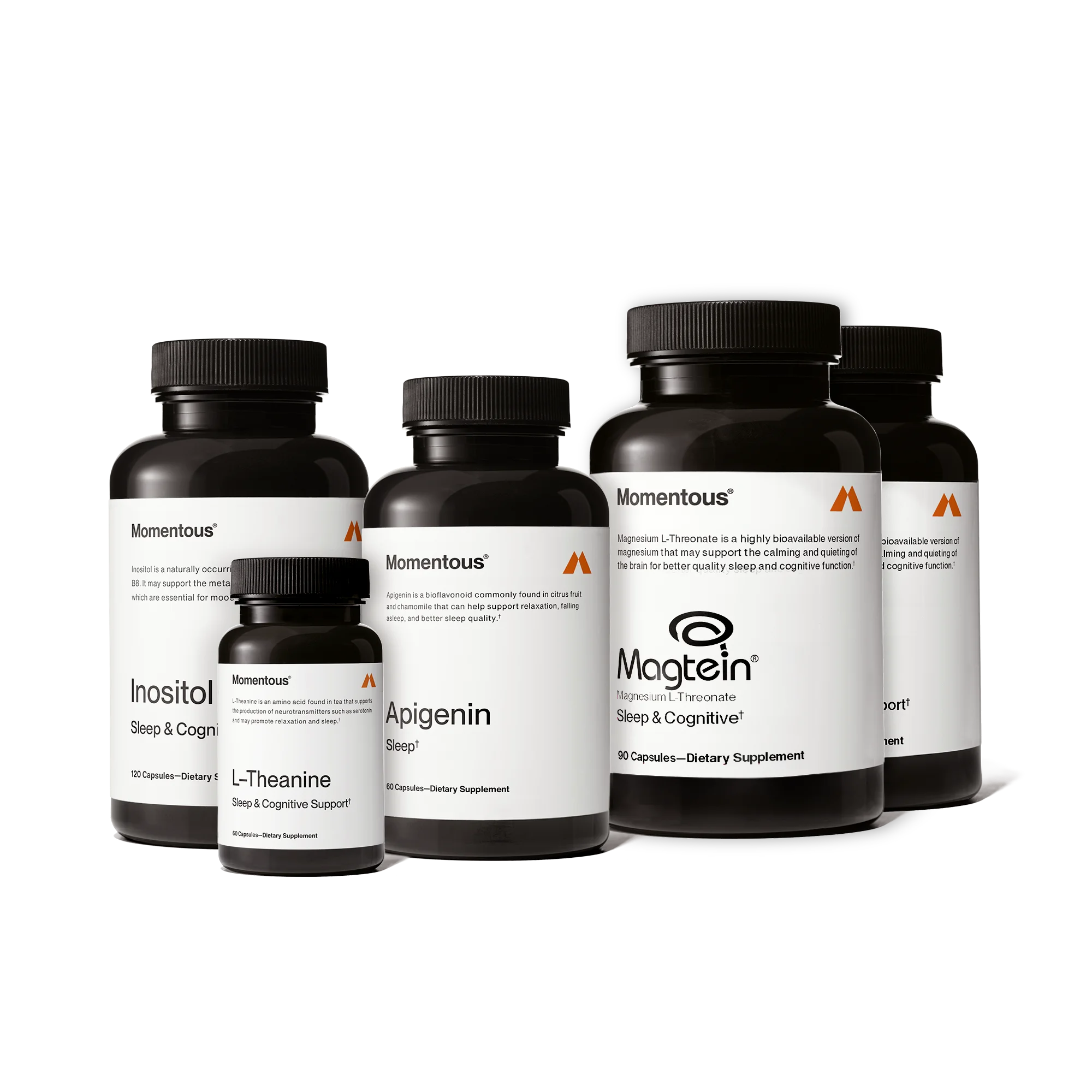 Five Momentous supplement bottles grouped on white — Inositol, L-Theanine, Apigenin, and Magnesium L-Threonate sleep stack