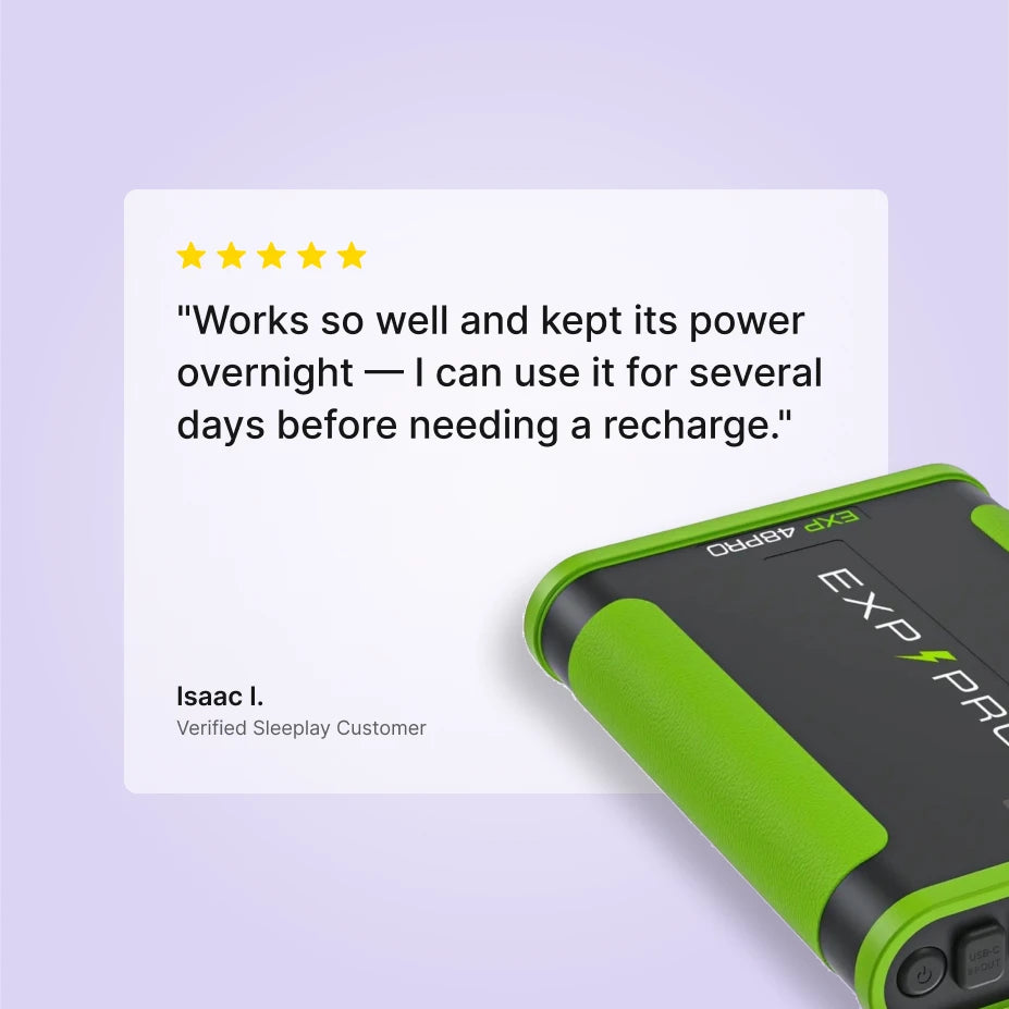 Five-star Sleeplay customer review of the EXP48Pro Apex CPAP battery bank.