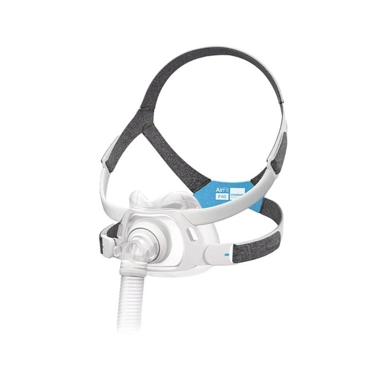 Close-up of the comfortable headgear of ResMed AirFit F40 Full Face Mask for sleep apnea patients with CPAP machines