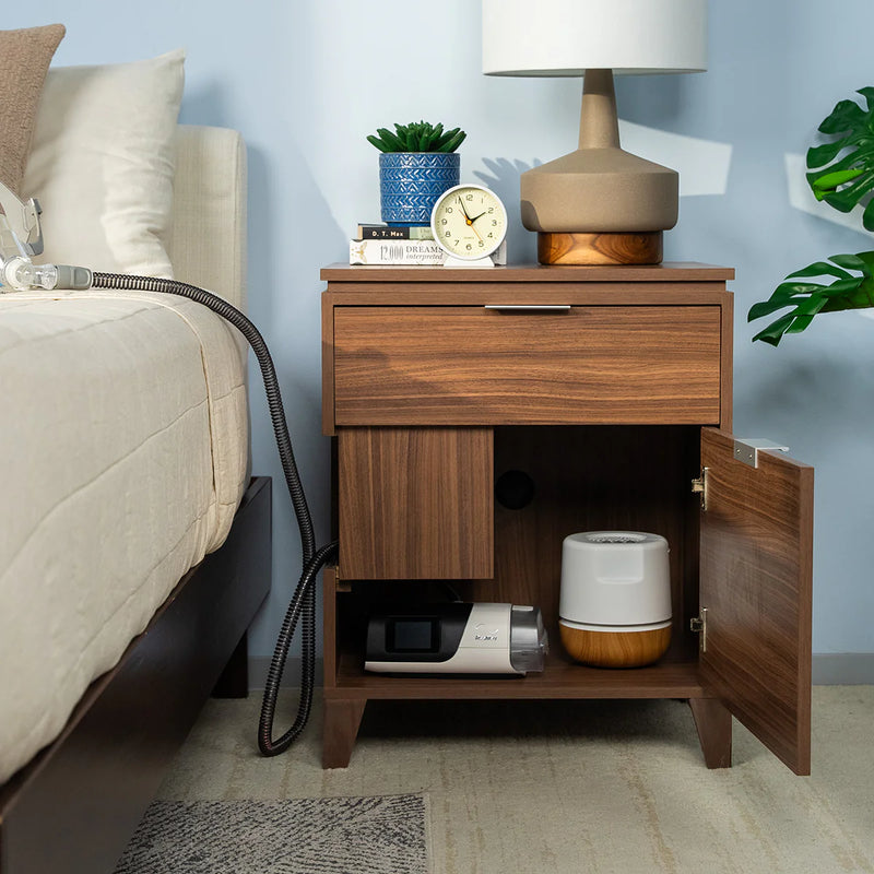 CPAP Nightstand walnut right side of the bed