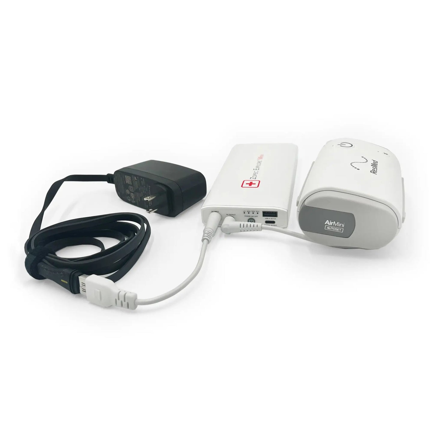 Close-up of the CPAP Travel Battery Explore Mini's multiple ports, highlighting connectivity options for different devices