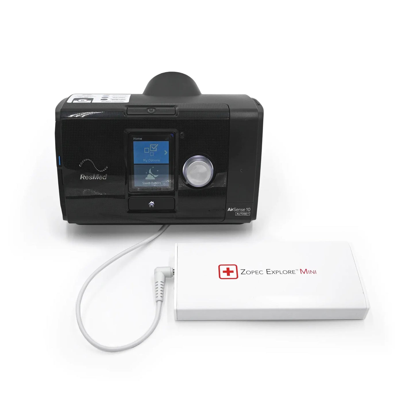 CPAP Travel Battery Explore Mini set up with an AirSense 10, ensuring uninterrupted sleep therapy on trips.
