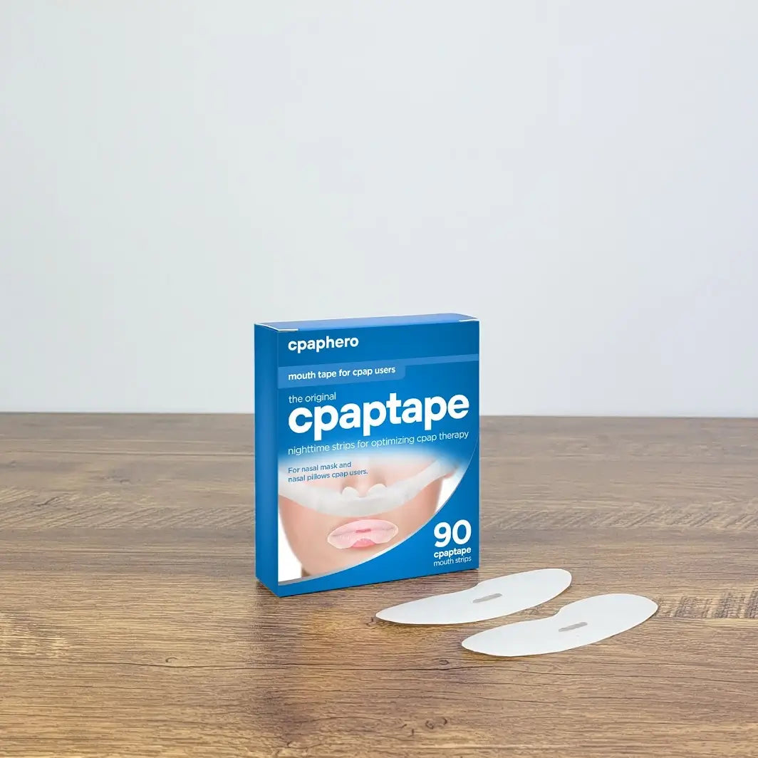 Pack of disposable CPAPtape mouth tapes, with a unique design that gently holds the mouth closed to prevent leaks during sleep therapy.