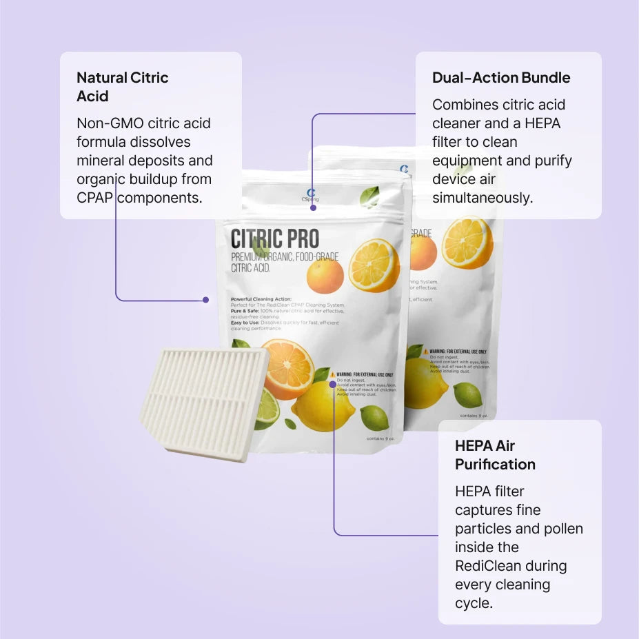 CSpring RediClean filter bundle features: non-GMO citric acid cleaner, dual-action clean and purify, HEPA air purification