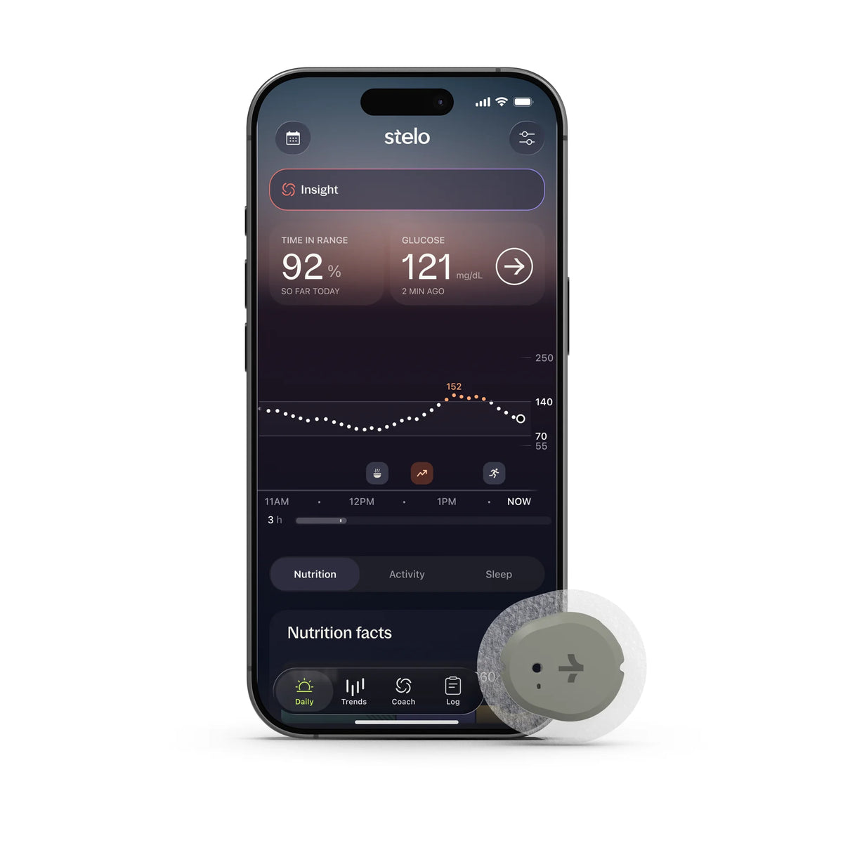 Stelo app on an iPhone showing glucose readings next to the Dexcom Stelo biosensor