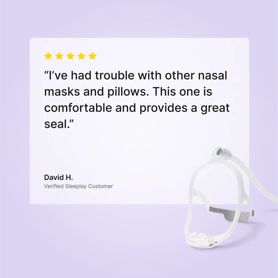Five-star customer review of the DreamWear Nasal CPAP Mask describing a comfortable fit and great seal