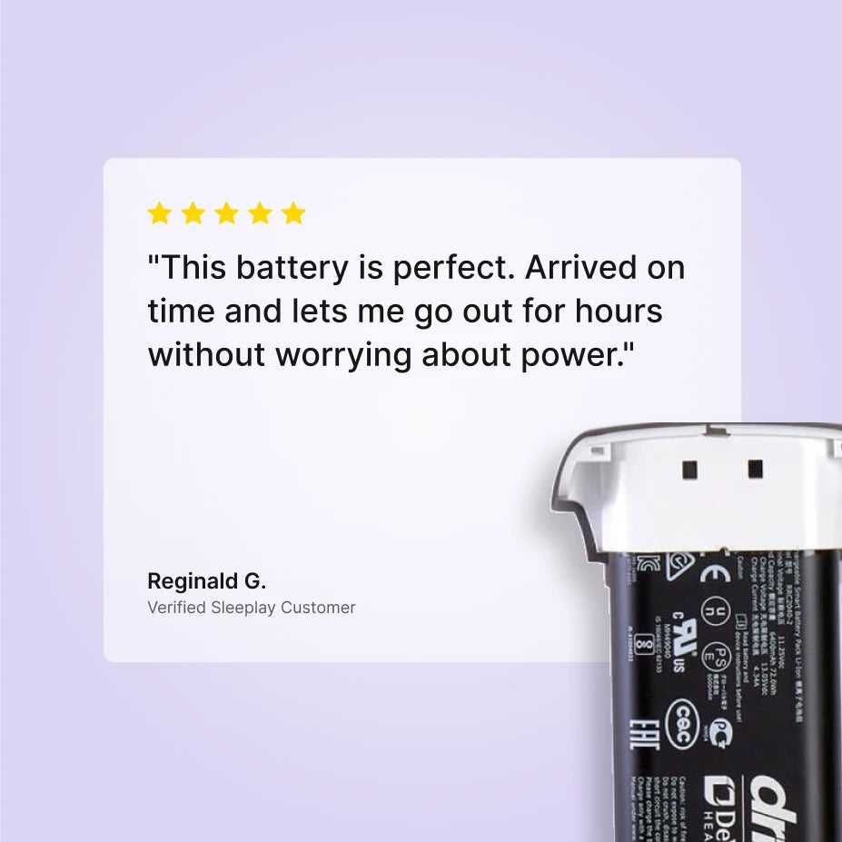 Five-star Sleeplay customer review of the Drive DeVilbiss iGo2 battery pack.