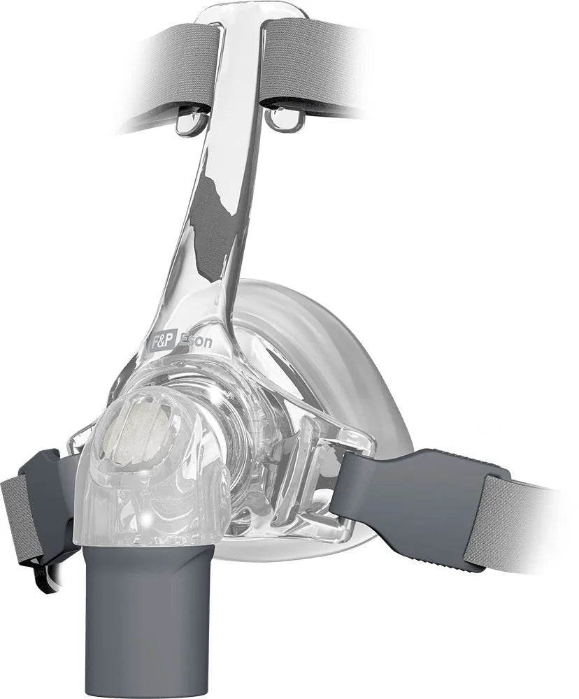 Isometric view of clear Eson Nasal Mask with tube connector by Fisher and Paykel.