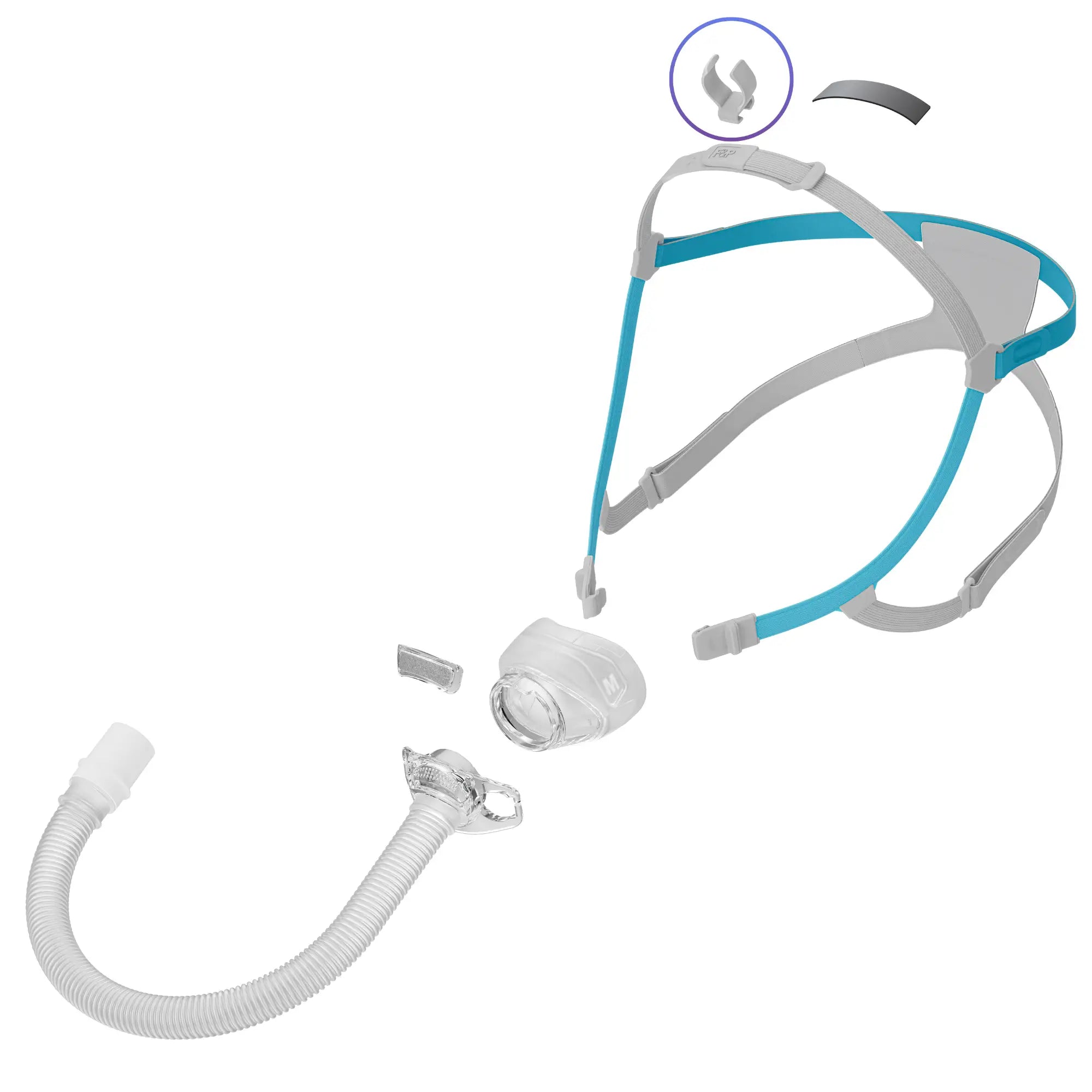 all parts of F&P Nova Nasal  and highlighting the Tube Clip Spare Replacement