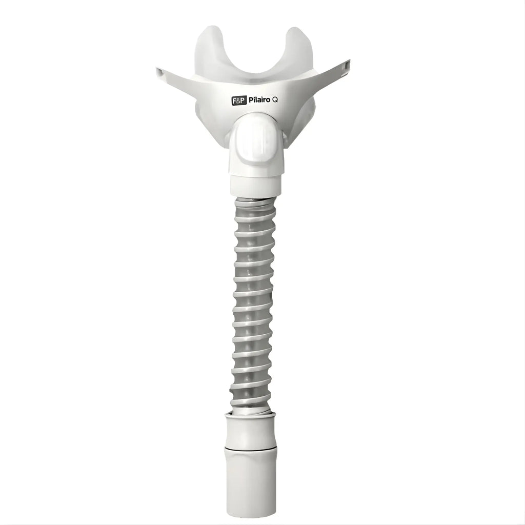 F&P Pilairo Q nasal pillow mask replacement frame, front view with short corrugated tube and swivel