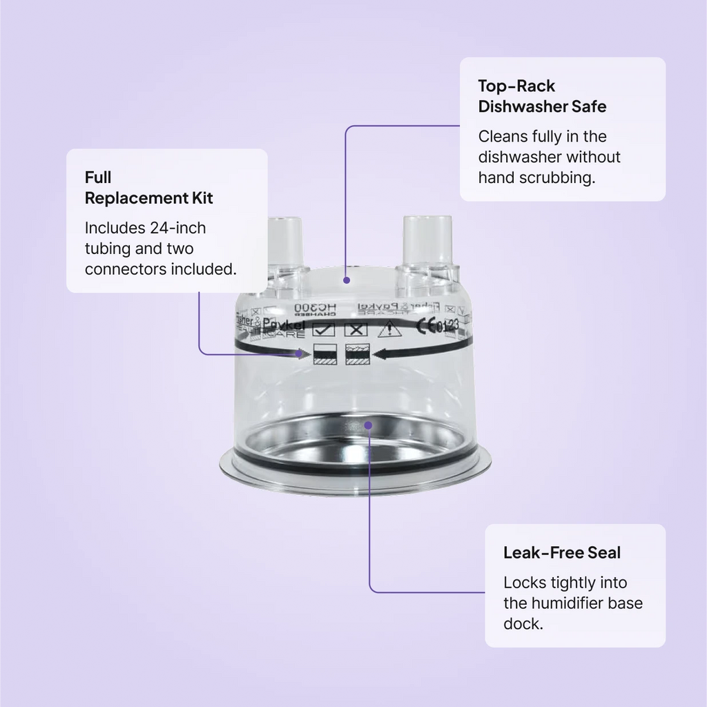 Fisher and Paykel dishwasher-safe water chamber: full kit with 24-inch tubing and 2 connectors, top-rack dishwasher safe, leak-free seal locks into humidifier base.