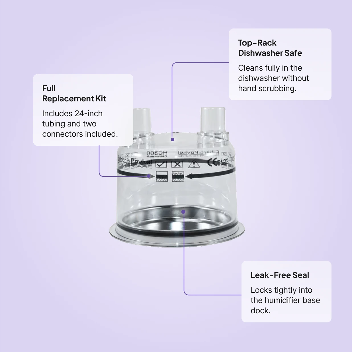 Fisher and Paykel dishwasher-safe water chamber: full kit with 24-inch tubing and 2 connectors, top-rack dishwasher safe, leak-free seal locks into humidifier base.