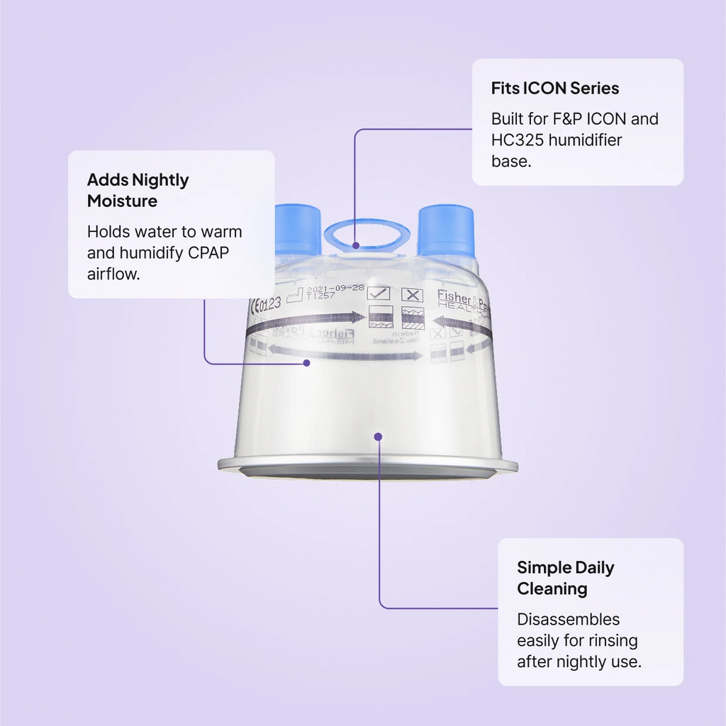 Fisher and Paykel HC325S water chamber with two blue ports: adds nightly moisture, fits ICON and HC325 humidifier base, disassembles for easy daily cleaning.