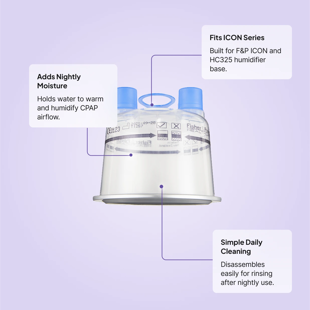 Fisher and Paykel HC325S water chamber with two blue ports: adds nightly moisture, fits ICON and HC325 humidifier base, disassembles for easy daily cleaning.