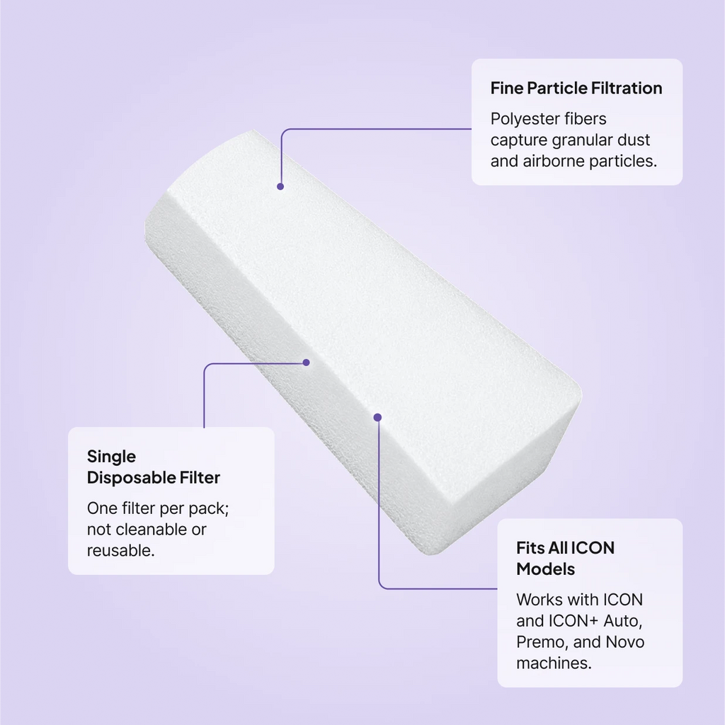 Fisher and Paykel ICON Disposable CPAP Filter: polyester fibers capture fine particles, single disposable filter per pack, fits all ICON and ICON+ models.