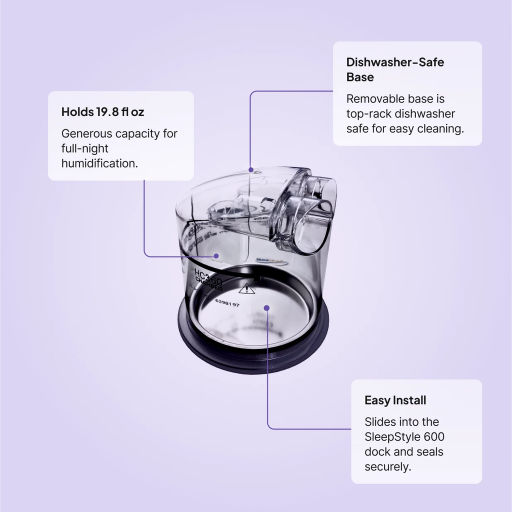 Fisher and Paykel SleepStyle 600 Water Chamber: 19.8 fl oz capacity, top-rack dishwasher-safe removable base, slides into the SleepStyle 600 dock and seals securely.