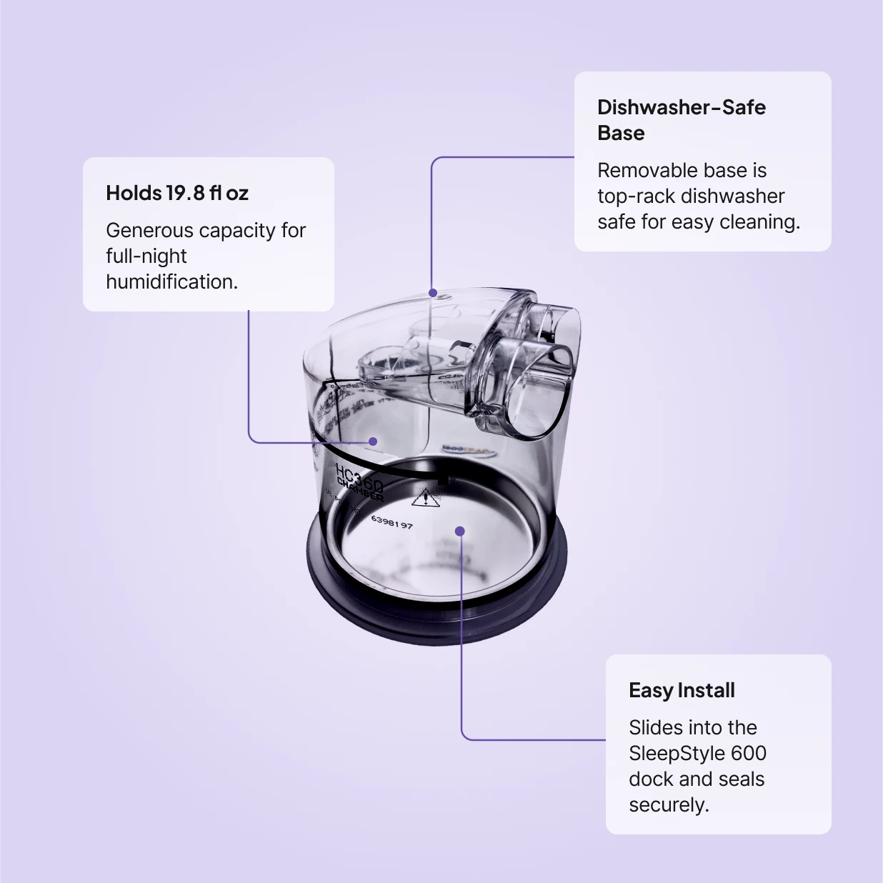 Fisher and Paykel SleepStyle 600 Water Chamber: 19.8 fl oz capacity, top-rack dishwasher-safe removable base, slides into the SleepStyle 600 dock and seals securely.