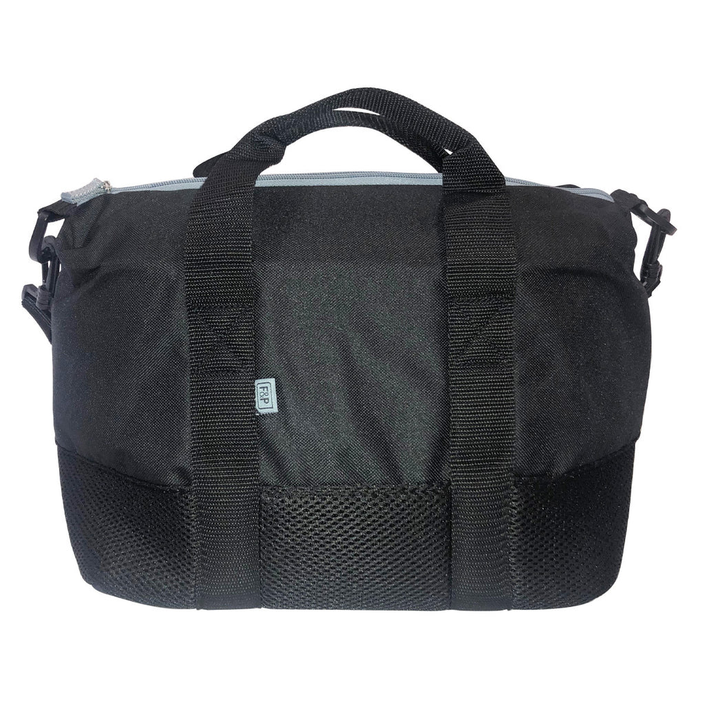 Fisher and Paykel SleepStyle CPAP carry case, front view with padded handles, gray zipper, and mesh pockets